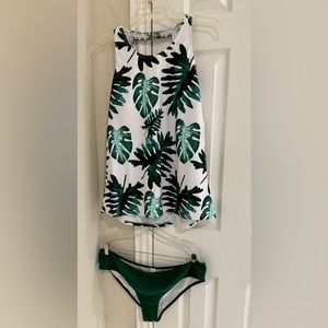 Palm Print Tankini SwimSuit, green and white